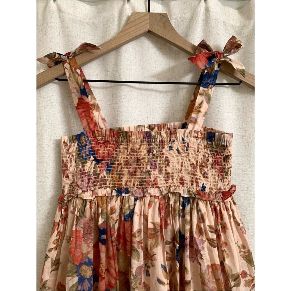 Zimmermann 100% Cotton Peach Floral Tie-Shoulder Sundress Blue Accents Girls - Picture 2 of 8